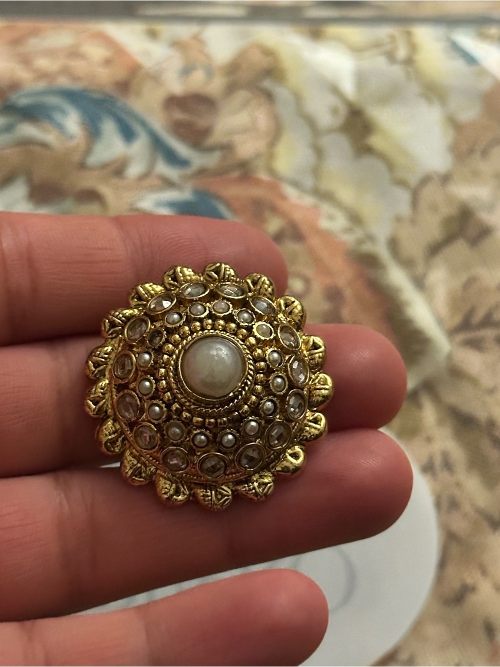 Gold-Tone Filigree Button ring with Pearl Center